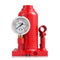 Red hydraulic jack with pressure gauge on a white background