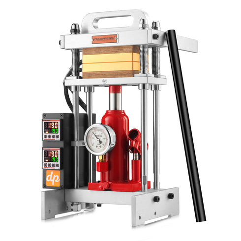 Dabpress Amberigo 4-ton rosin press displayed with standard accessories, ready for home or small-batch extraction use.