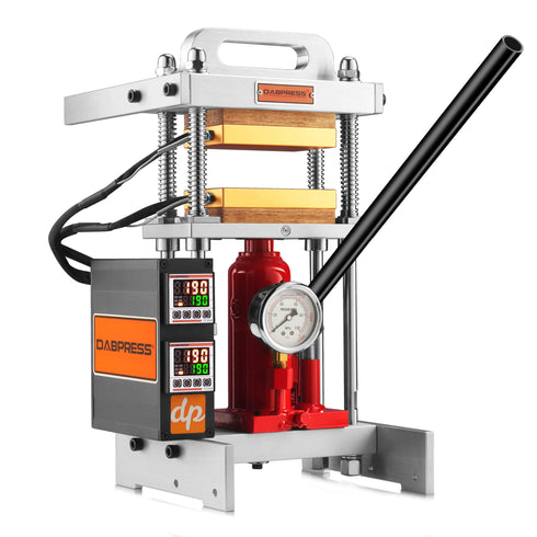 Front view of the Dabpress Amberigo 4-ton rosin press showcasing its compact solid steel frame and dual heated plates.